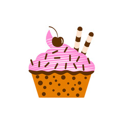 Yummy cake, muffin isolated on white background. Colorful sweet homemade bakery with cherry, chocolate. Tasty cupcake. Party, celebration concept. Vector flat design