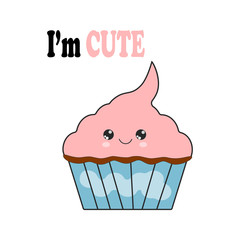 Yummy kawaii cake, muffin isolated on white background. Funny character face. Colourful sweet homemade bakery. Tasty cupcake with fruits. Party, celebration concept. Vector flat design