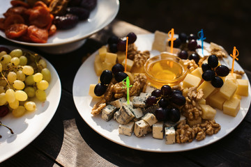 Food snack cheese tray holiday buffet table served by different canape, sandwiches, snacks, nuts, peanuts ready for eating in restaurant