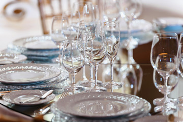 Valentines day or wedding meal background. Romantic holiday table setting. Restaurant concept. Flat lay