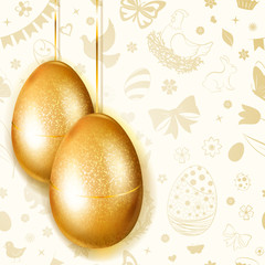 Two golden Easter eggs hanging on background of of flowers, cakes, hare, hen, chicken, bow and other holiday symbols