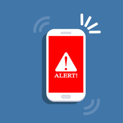 Alert notification with exclamation sign on phone screen. Important reminder isolated on background. Telephone technology. Vector flat design