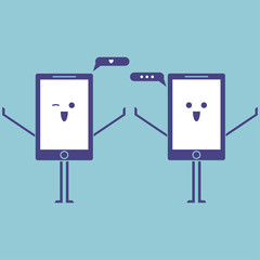 Happy mobile phone with smile face isolated on background. Funny comic cellphone. Sending love message, chat concept. Vector cartoon design