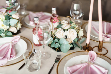 Valentines day or wedding meal background. Romantic holiday table setting. Restaurant concept. Flat lay