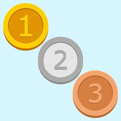 Gold, silver, bronze medal for 1st, 2d, 3rd place. Golden,  trophy, winner award isolated on white background. Badge, glossy prize, reward. Achievement, sport victory. Vector flat icon