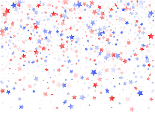 Flying red blue white star sparkles on white vector american patriotic background.