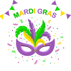 Carnival mask with feathers, flags, confetti. Venice festival concept. Mardi gras. Vector cartoon design © Sergey