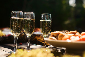 Glasses with champagne or wine at the event. Catering concept