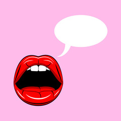 Red sexy lips isolated on background. Open mouth with tongue, teeth. Vector comic design