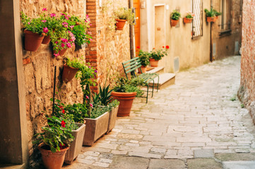 Fototapeta na wymiar Picturesque view of small old street, imahe taken in Tuscany, Italy