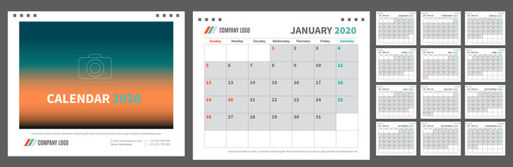 Desk calendar Template for 2020 Year. Design Template. American version. Week starts Sunday. Vector Illustration. blue emerald and orange colors.