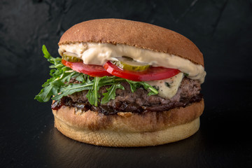 Juicy fresh delicious hamburger. The burger menu.