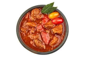 Goulash traditional homemade European beef meat stew soup, Hungarian bograch, top view, isolated on white background