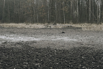 dried lake on a foggy day