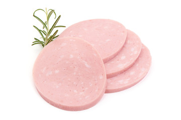 Sliced Fresh Boiled Bologna Sausage, Cooked ham with rosemary, close-up, isolated on white background