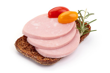 Sandwich with Sliced Italian mortadella, Boiled Bologna Sausage, Cooked ham, close-up, isolated on white background