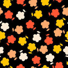 orange,yellow,white Japanese kawaii flowers on a black background tossed repeating pattern use for packaging,templates,print shops,backdrops,websites,decorations,scrapbooking