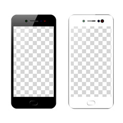 Black and white smartphone with flash on the screen and shadow on an isolated background. Mock up of phone with blank  screen. Isolated Vector Illustration