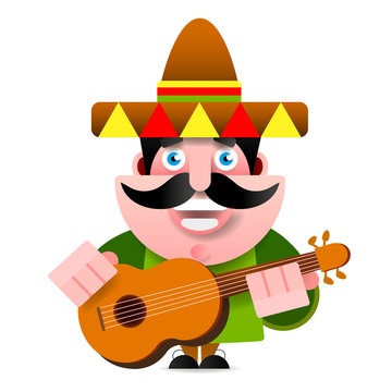 Mexican In Sombrero And Guitar Vector Illustration