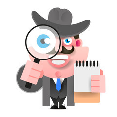Detective Holding A Magnifying Glass. Vector Illustration