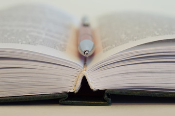 Open book. A pen lies between the pages in an open book.