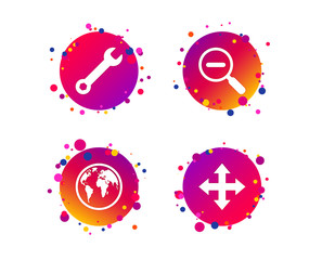 Magnifier glass and globe search icons. Fullscreen arrows and wrench key repair sign symbols. Gradient circle buttons with icons. Random dots design. Vector