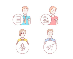 People hand drawn style. Set of Fireworks, Businessman case and Document icons. Paper plane sign. Christmas pyrotechnic, Human resources, Information file. Airplane.  Character hold circle button