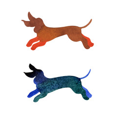 Watercolor silhouetters of two colored running dogs on white background
