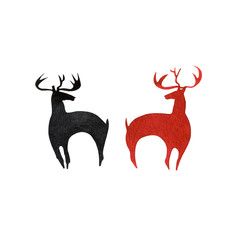 Watercolor silhouetters of red and black deer on white background
