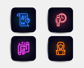 Neon set of Architectural plan, Report and Waiting icons. Woman sign. Technical project, Work statistics, Service time. Girl profile. Neon icons. Glowing light banners. Vector