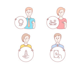 People hand drawn style. Set of Parking security, Crowdfunding and Success icons. Receive money sign. Video camera, Start business, Award reward. Cash payment.  Character hold circle button. Vector
