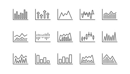 Charts and graphs line icons. Candlestick graph, Infochart and Report diagram. Presentation linear icon set.  Vector