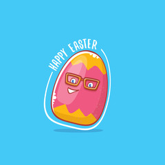 Happy easter cartoon greeting card with cute cartoon egg character isolate on blue background. Vector Happy easter creative concept illustration