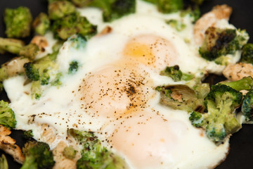 Fried eggs with broccoli and chicken meat. Healthy breakfast