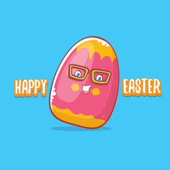 Happy easter cartoon greeting card with cute cartoon egg character isolate on blue background. Vector Happy easter creative concept illustration