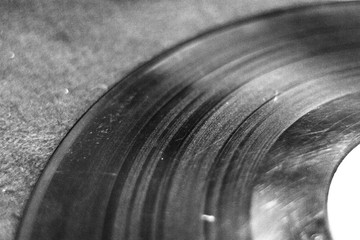 Scratches on a vinyl record. Sound track on vinyl. Old record for gramophone. Spoiled music carrier. DJ's job. The texture of the vinyl record.