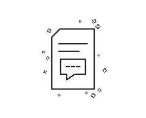 Document with Comments line icon. Information File with Speech bubble sign. Paper page concept symbol. Geometric shapes. Random cross elements. Linear Comments icon design. Vector