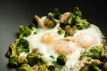 Fried eggs with broccoli and chicken meat. Healthy breakfast