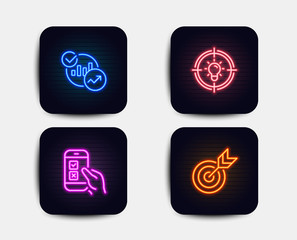 Neon set of Statistics, Idea and Mobile survey icons. Target sign. Report charts, Solution, Phone quiz test. Targeting. Neon icons. Glowing light banners. Vector