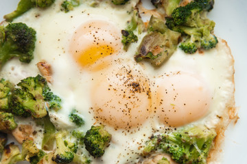 Fried eggs with broccoli and chicken meat. Healthy breakfast.