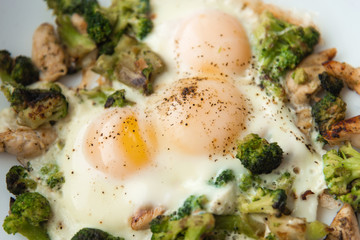 Fried eggs with broccoli and chicken meat. Healthy breakfast.