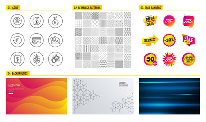 Seamless pattern. Shopping mall banners. Set of Money exchange, Money bag and Dollar exchange icons. Payment message, Change card and Startup signs. Payment symbol. Cash in bag, Euro currency, Finance