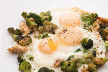 Fried eggs with broccoli and chicken meat. Healthy breakfast.