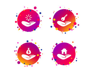 Helping hands icons. Financial money savings insurance symbol. Home house or real estate and lamp, key signs. Gradient circle buttons with icons. Random dots design. Vector