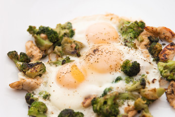 Fried eggs with broccoli and chicken meat. Healthy breakfast.
