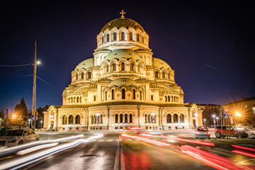 Fototapeta premium Night view of .Alexander Nevsky Cathedral in golden color at night, Sofia, Bulgaria.