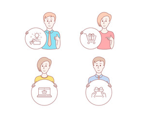 People hand drawn style. Set of Shopping cart, Online shopping and Creative idea icons. Give present sign. Gift box, Present box, Receive a gift.  Character hold circle button. Man with like hand