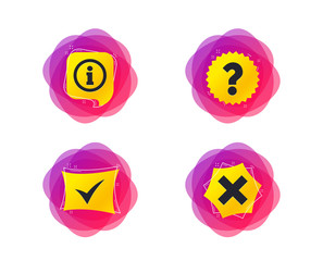 Obraz premium Information icons. Delete and question FAQ mark signs. Approved check mark symbol. Geometric gradient sales shapes. Creative banners. Template for design. Vector