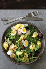 Healthy salad bowl. Salad with chicken breast, quail eggs, salad mix, flax seeds, yoghurt sauce with mustard. Keto diet. Pegan diet. Paleo diet. Keto dinner or lunch.