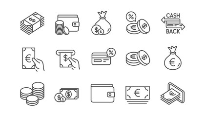 Money and payment line icons. Cash, Wallet and Coins. Account cashback linear icon set.  Vector